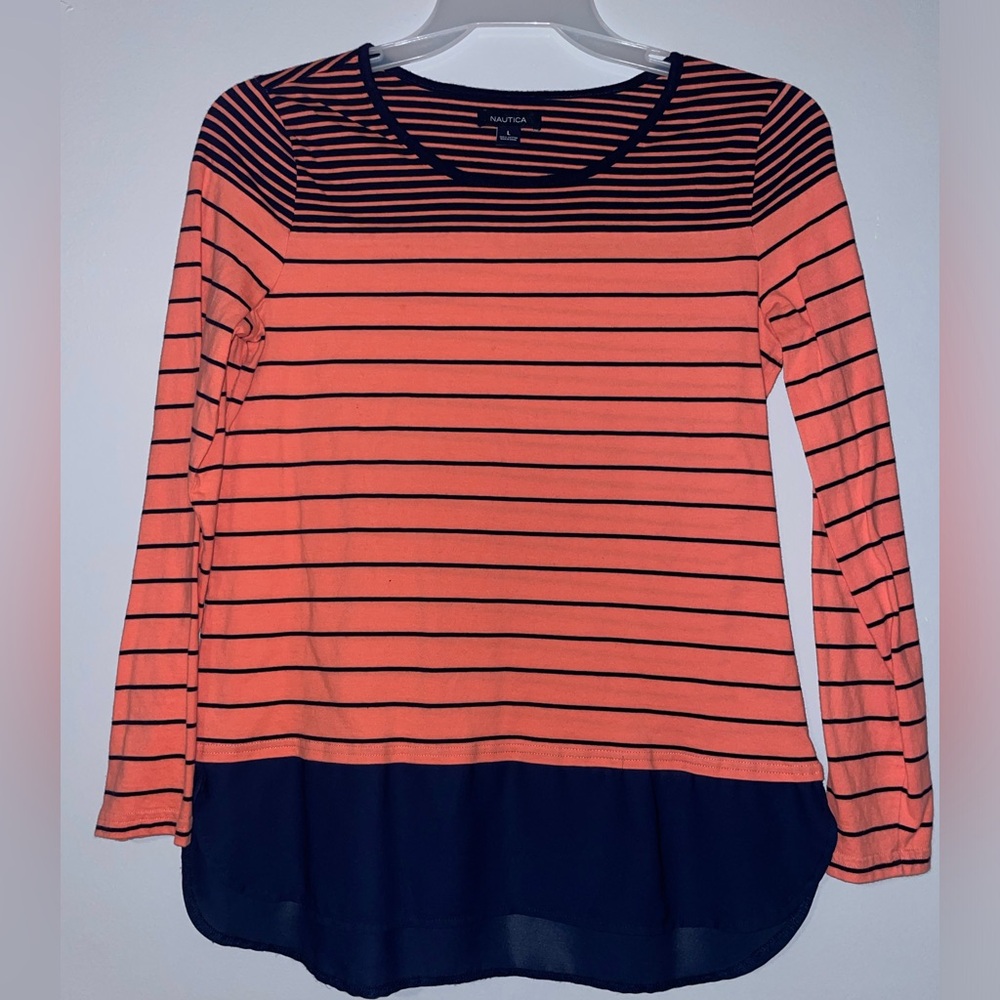 ๐Nautica Women's Striped Orange and Black Top